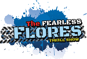 The Fearless Flores Thrill Show logo with blue paint splashes and bold black-and-white text