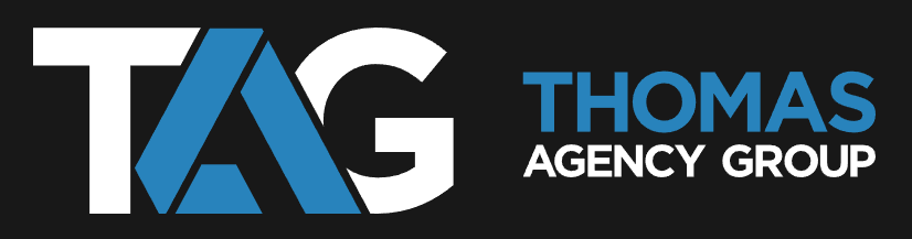 TAG Thomas Agency Group logo in white and blue on a black background