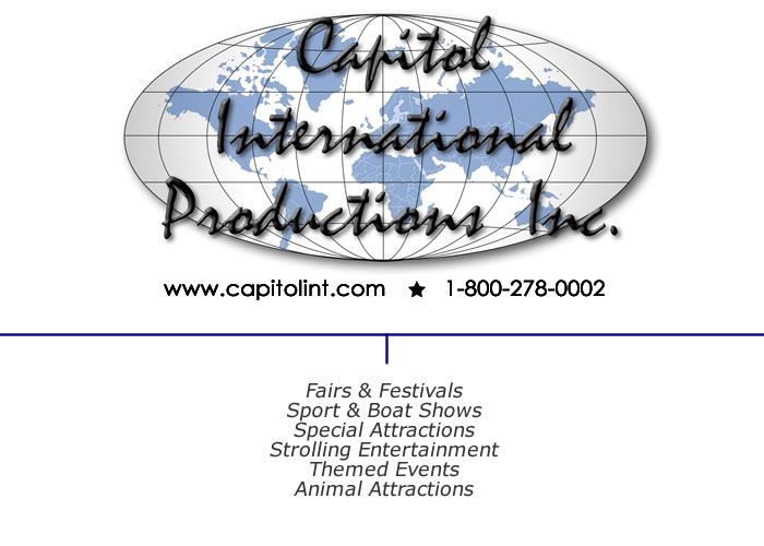 Capitol International Productions Inc. logo with globe, website, phone number, and event services list