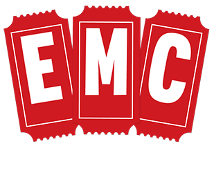 Red EMC logo on three overlapping red tickets with white letters.