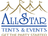 All Star Tents & Events logo with gold tents and blue text, “Get the party started” tagline