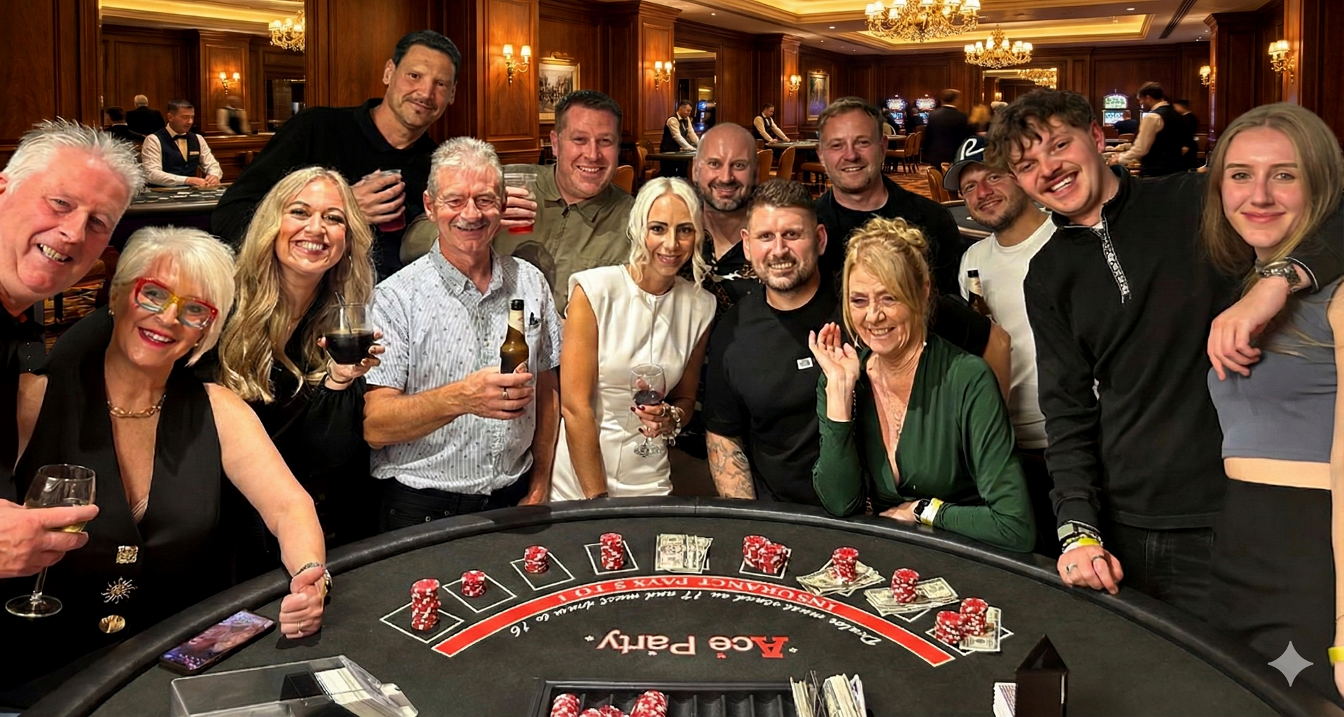 Guests enjoying Ace Party fun casino hire around a blackjack table at an indoor event venue