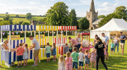 Families and children enjoying Ace Party carnival stalls and games at an outdoor event