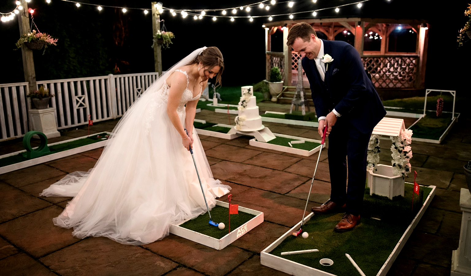 Ace Party Wedding Crazy Golf With Bride and Groom playing Golf