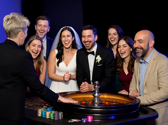 Guests enjoying roulette wheel at a wedding with Ace Party fun casino hire