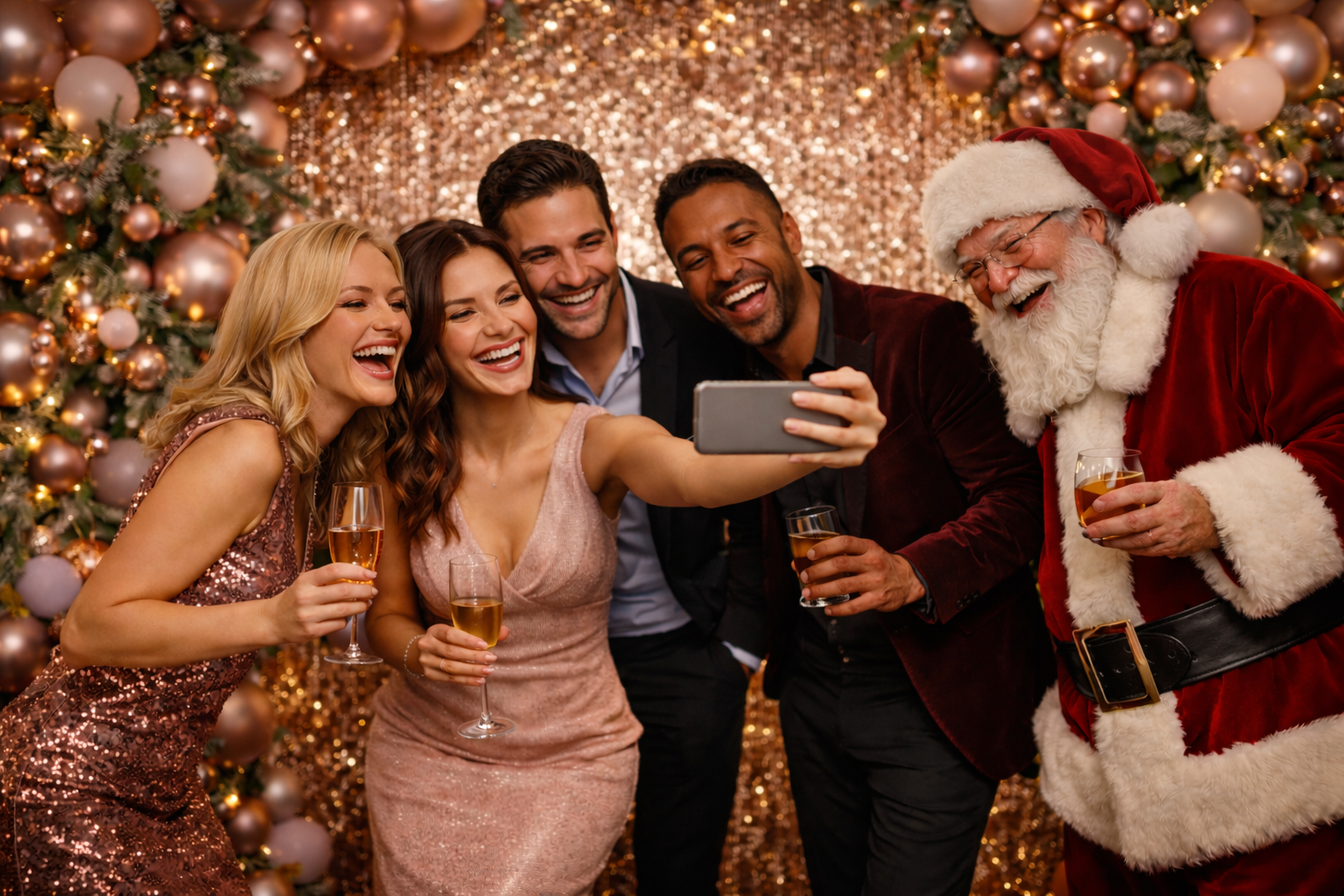 Ace Party Christmas Selfie in front of sequin wall with Balloon Arch