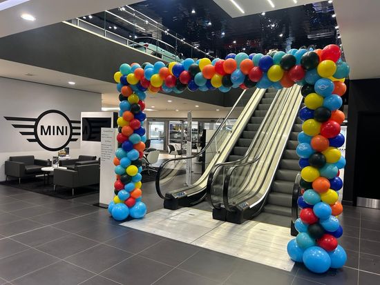 Corporate balloon arch installation at MINI dealership in South Yorkshire