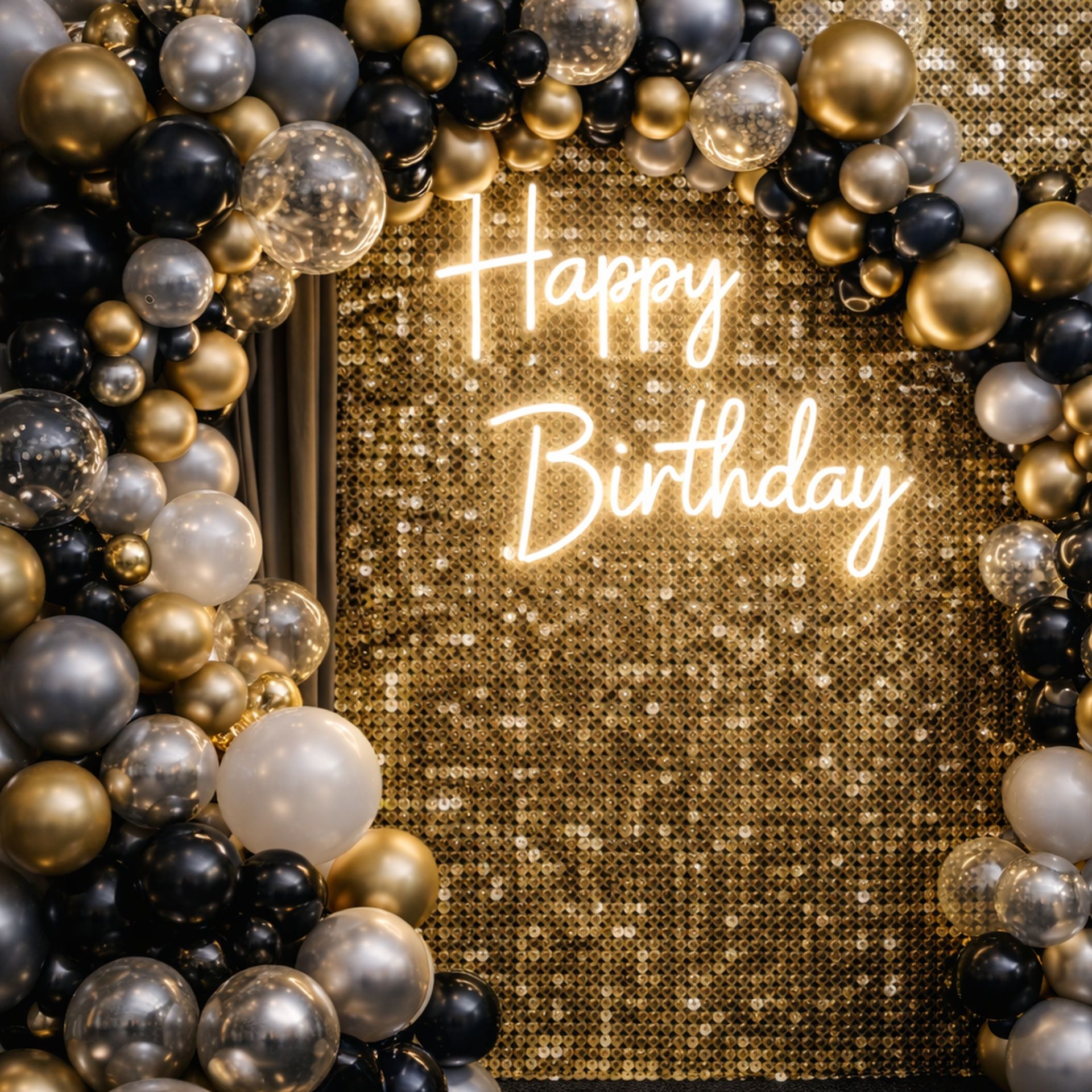 Black and gold balloon arch with gold sequin backdrop and Happy Birthday neon sign