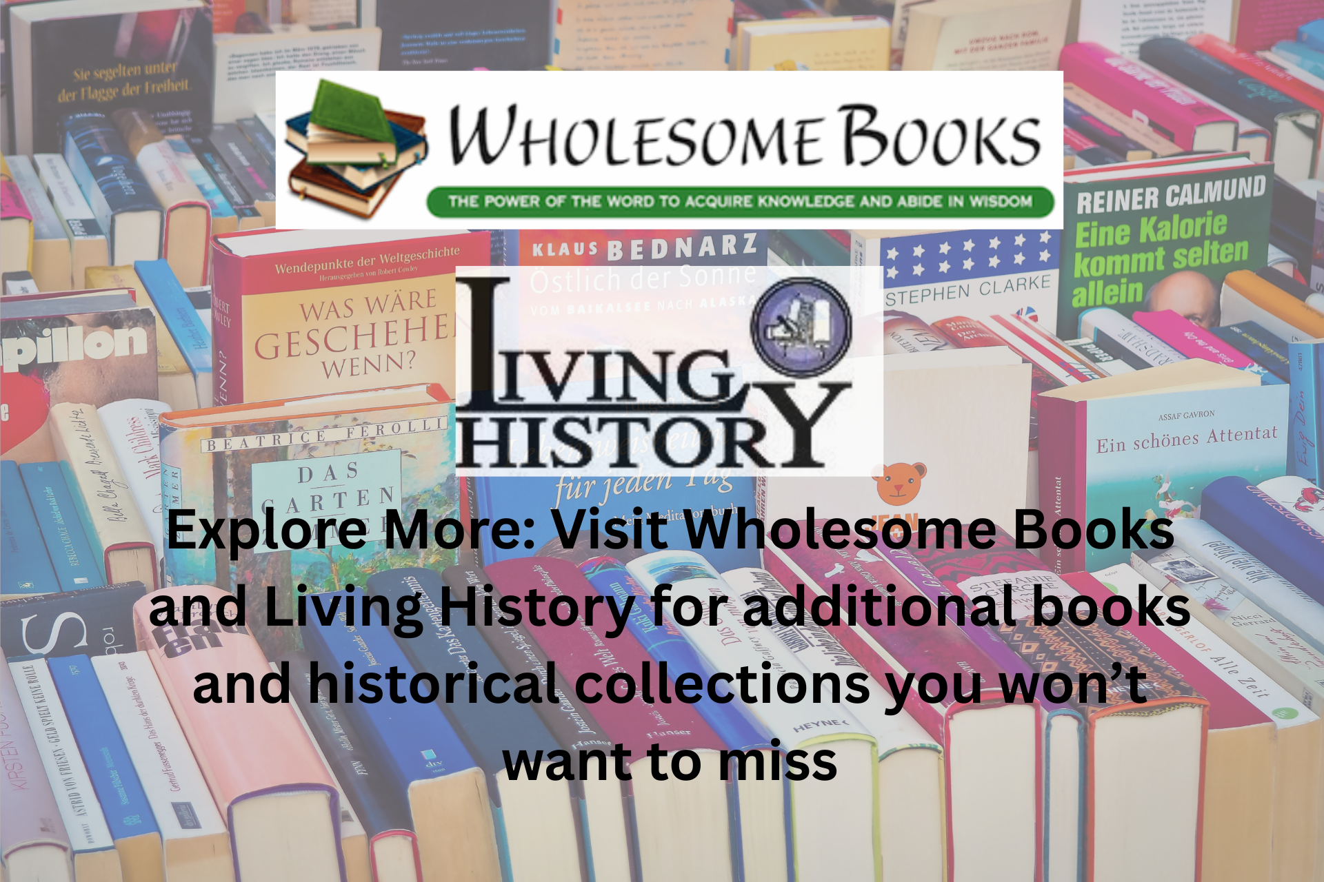 Wholesome Books and Living History promo with colorful stacked books and text about historical collections