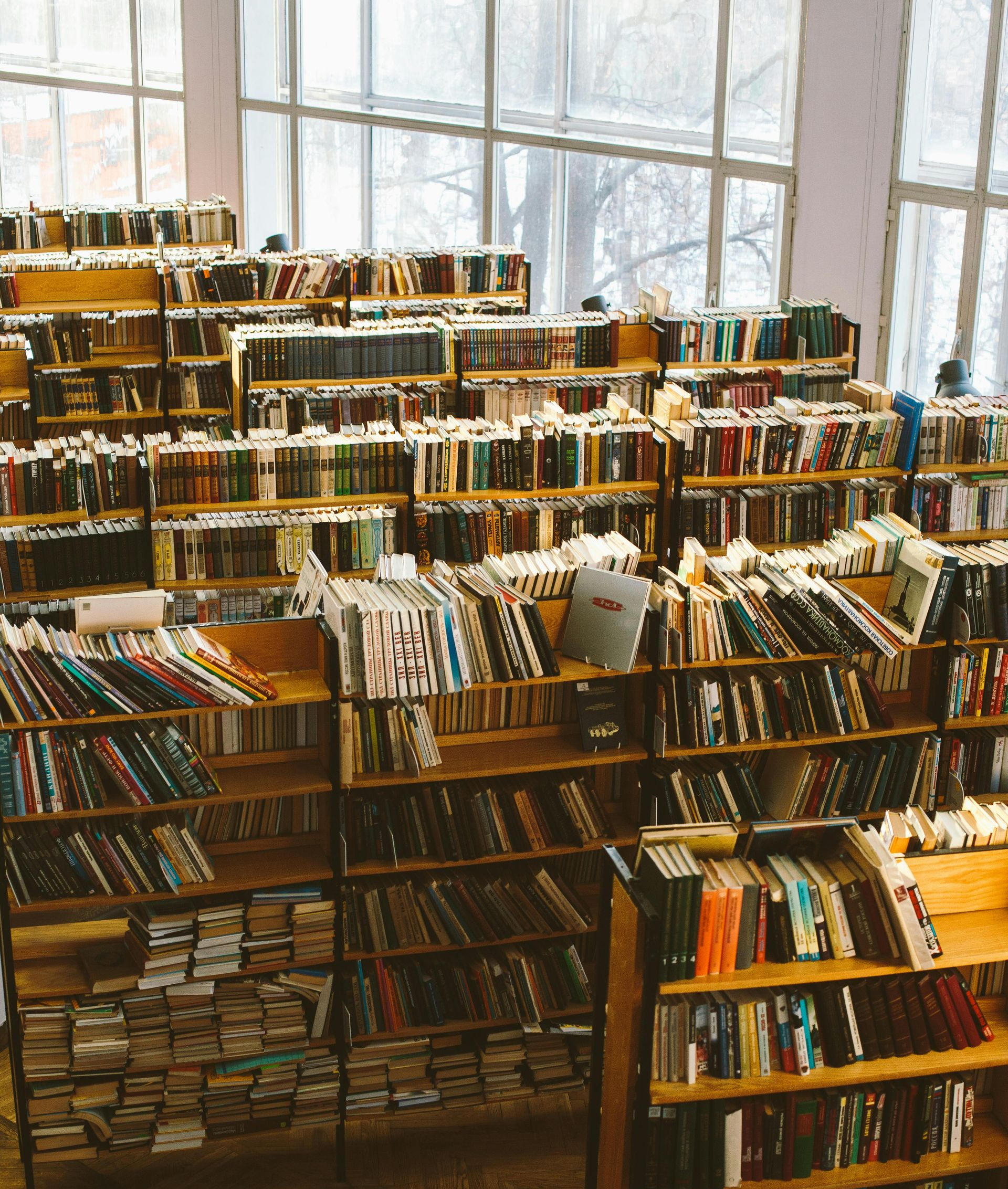 Rows of bookshelves filled with books in a bright library near large windows