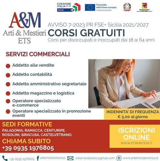 Locandina per i corsi di formazione ETS di A&M Arti & Mestieri, con elenco dei servizi e pulsante per l'iscrizione online.