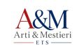 Logo per Arti & Mestieri Onlus con la scritta “A&M” rossa e blu sopra un testo grigio.