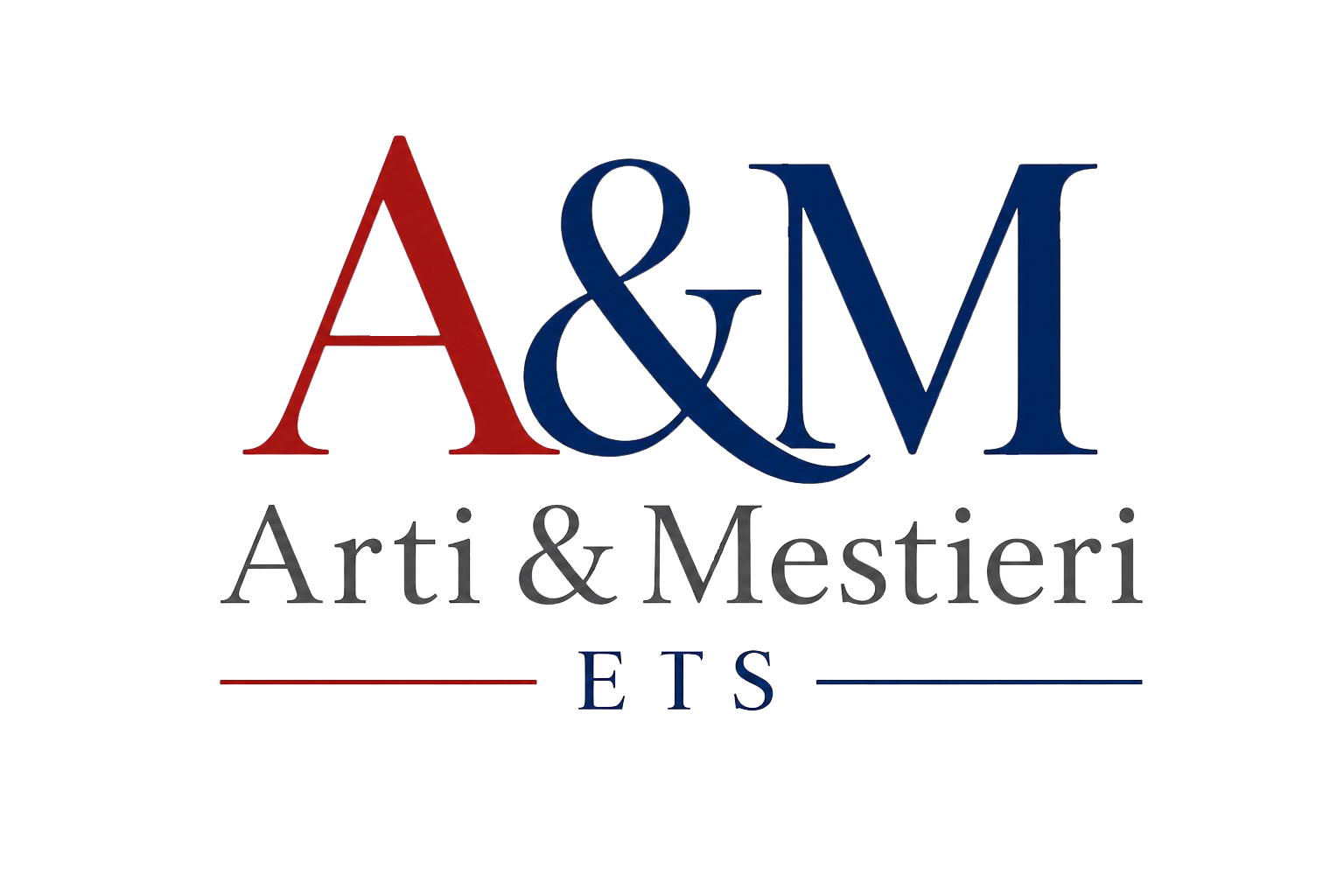 Logo per Arti & Mestieri Onlus con la scritta &ldquo;A&M&rdquo; rossa e blu sopra un testo grigio.