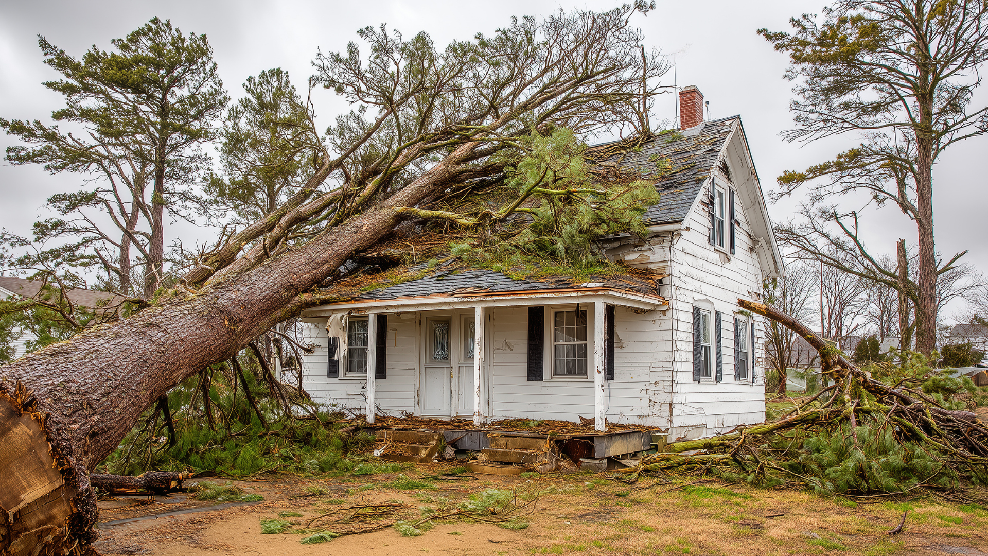 A large pine tree has fallen onto the roof of a white, two-story house, causing significant structural damage.