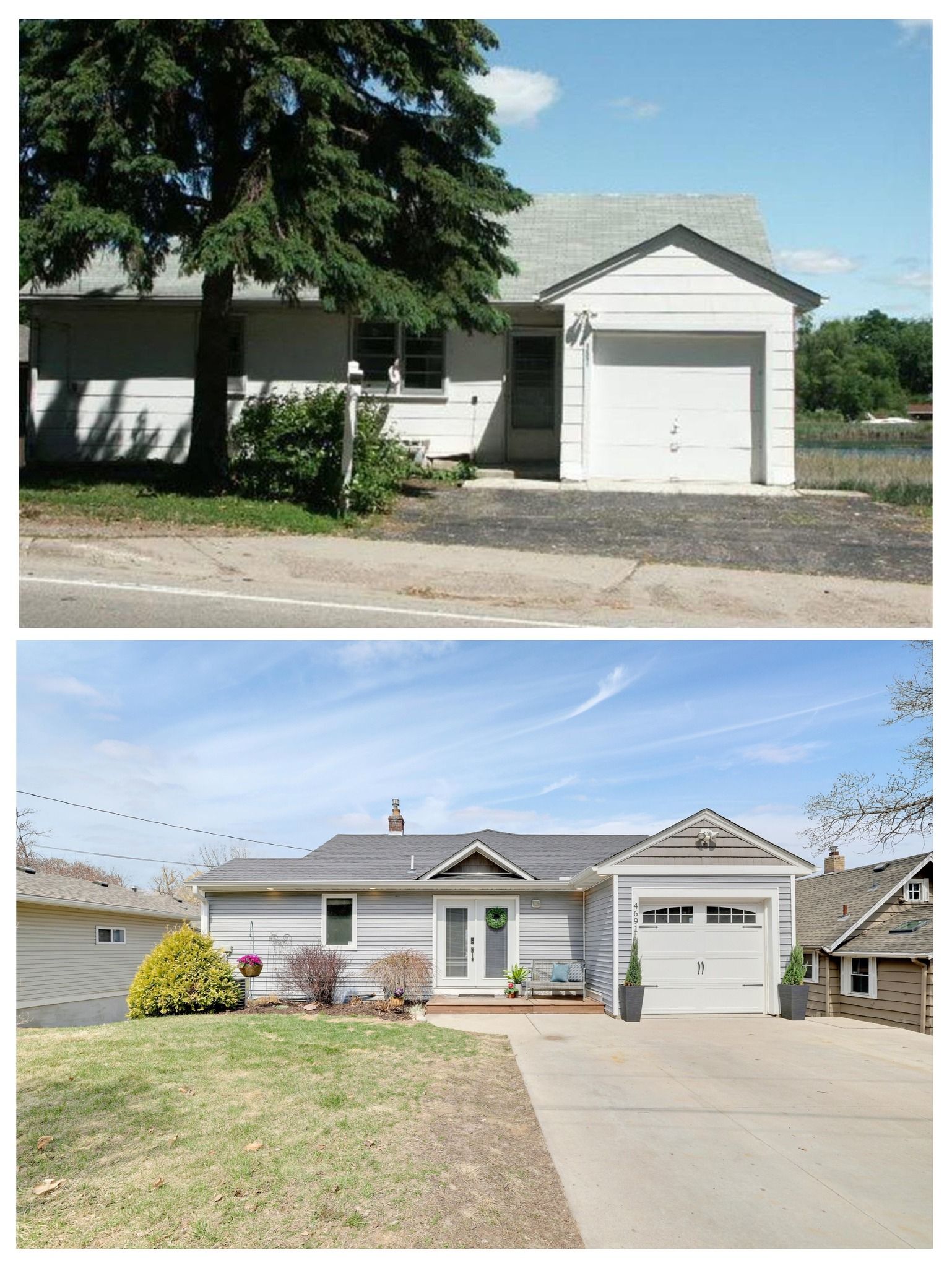 Two small single-story houses with attached garages and driveways, shown one above the other.