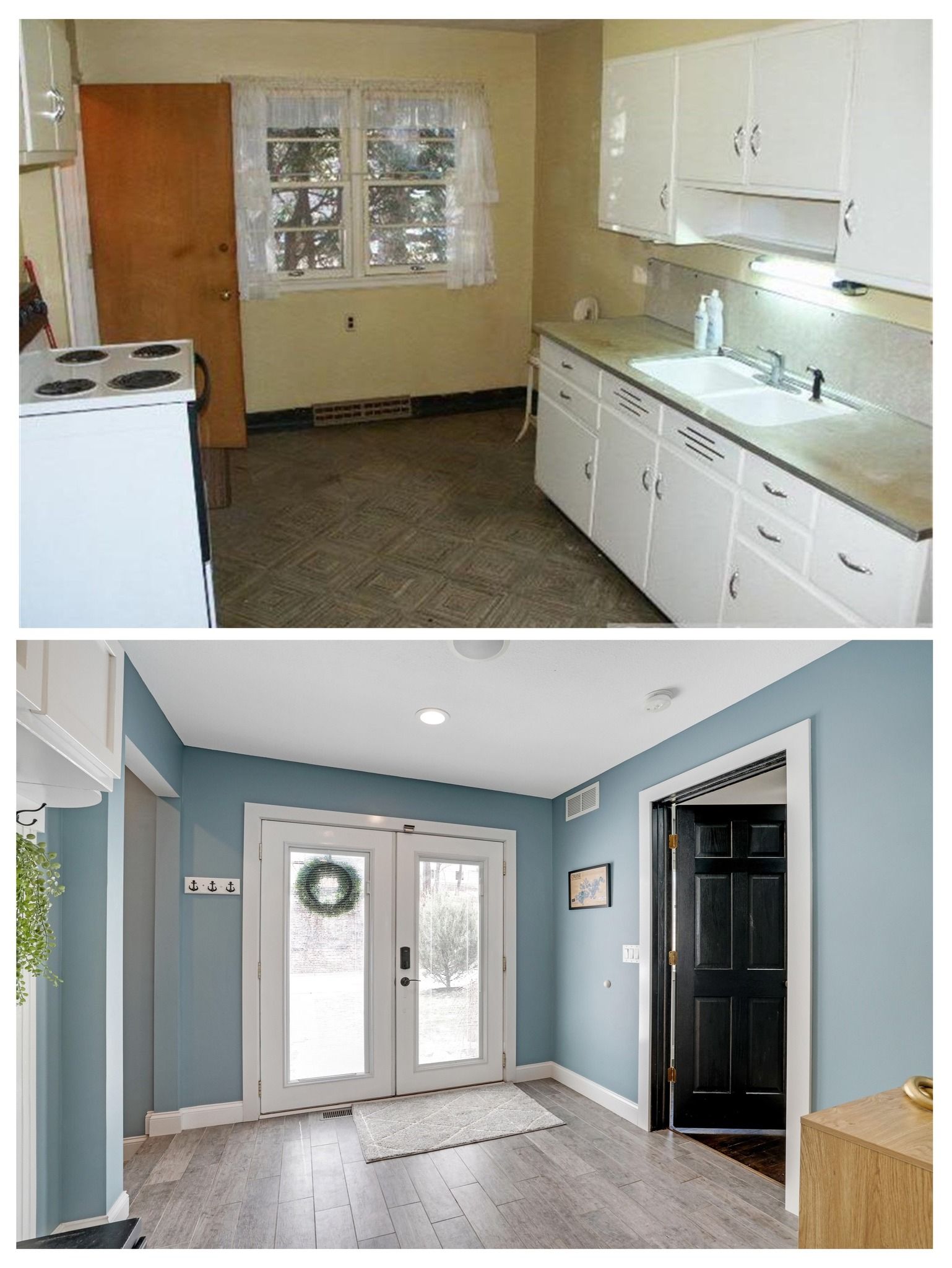 Two empty kitchen interiors, one with white cabinets and one with light blue walls and French doors.