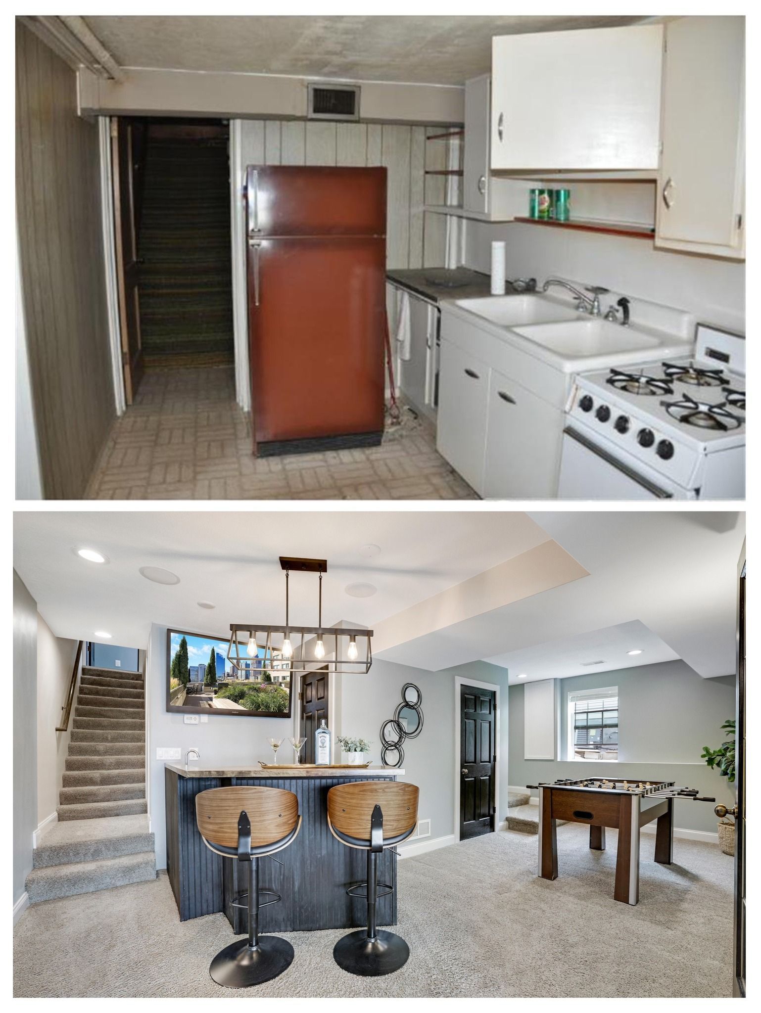Small kitchen and bar area with fridge, stove, white cabinets, and stools; stairs in the background.