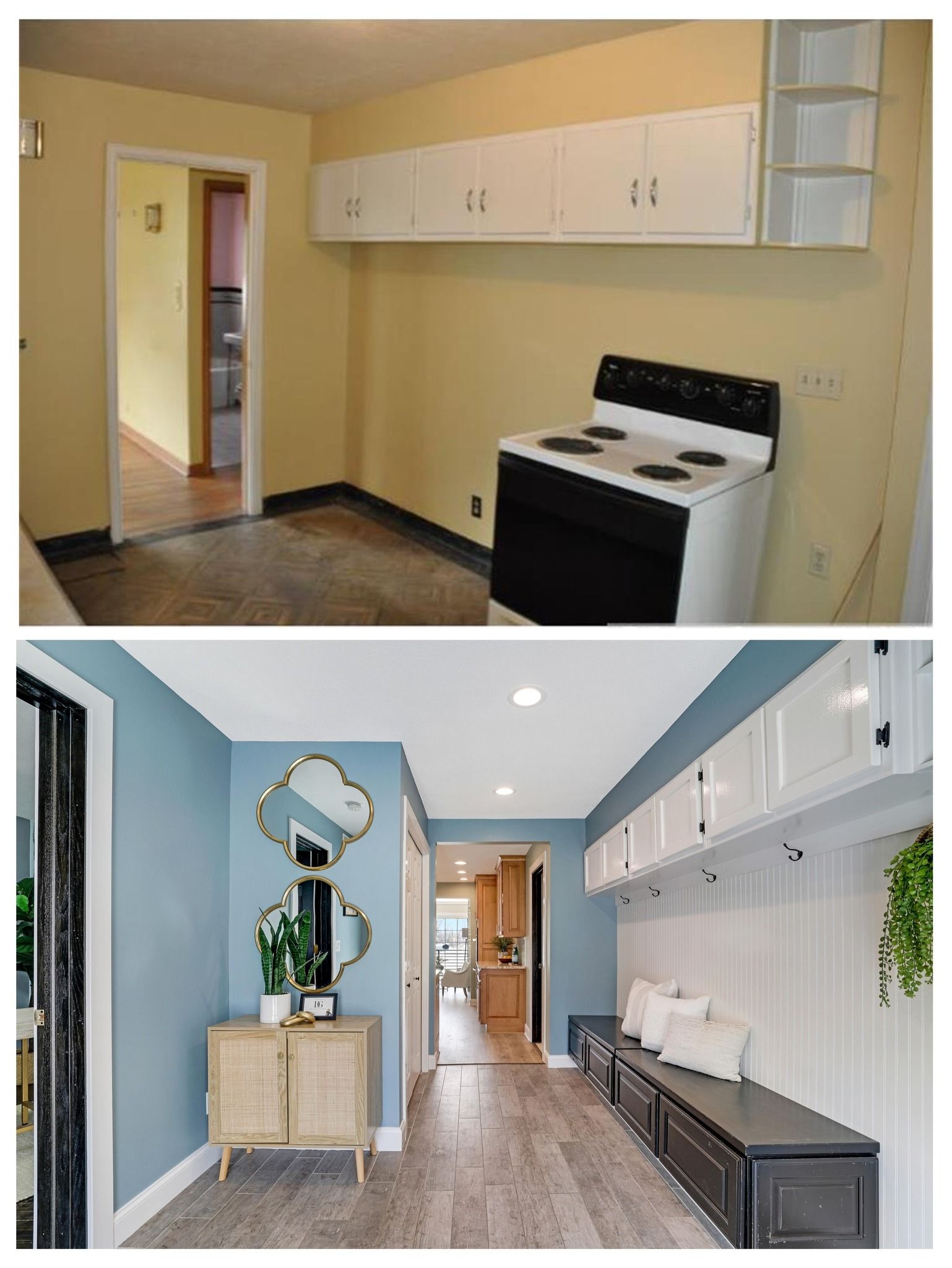 Before-and-after kitchen hallway: outdated yellow room above, modern blue-and-white remodeled kitchen below.