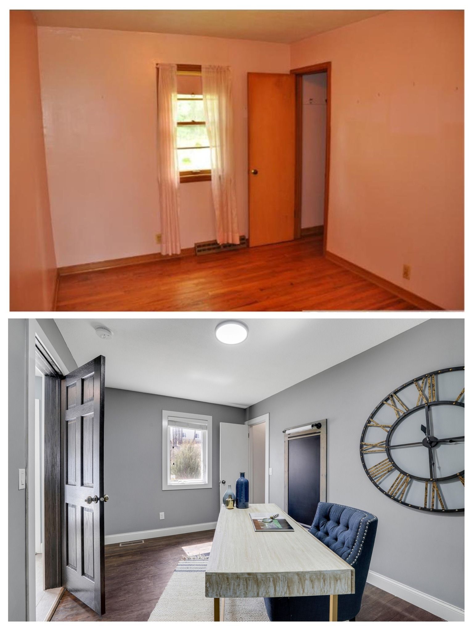 Before-and-after room photos: empty room with wood floor above, staged gray dining room below.