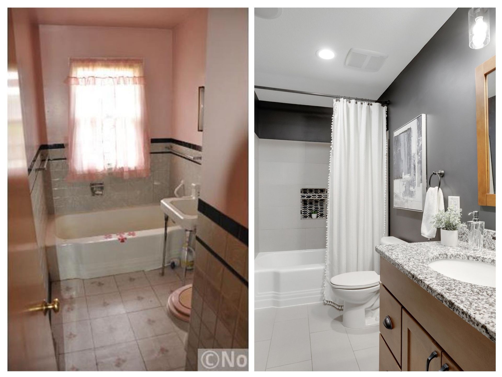 Two bathroom views: a pink tub room and a gray vanity shower room.
