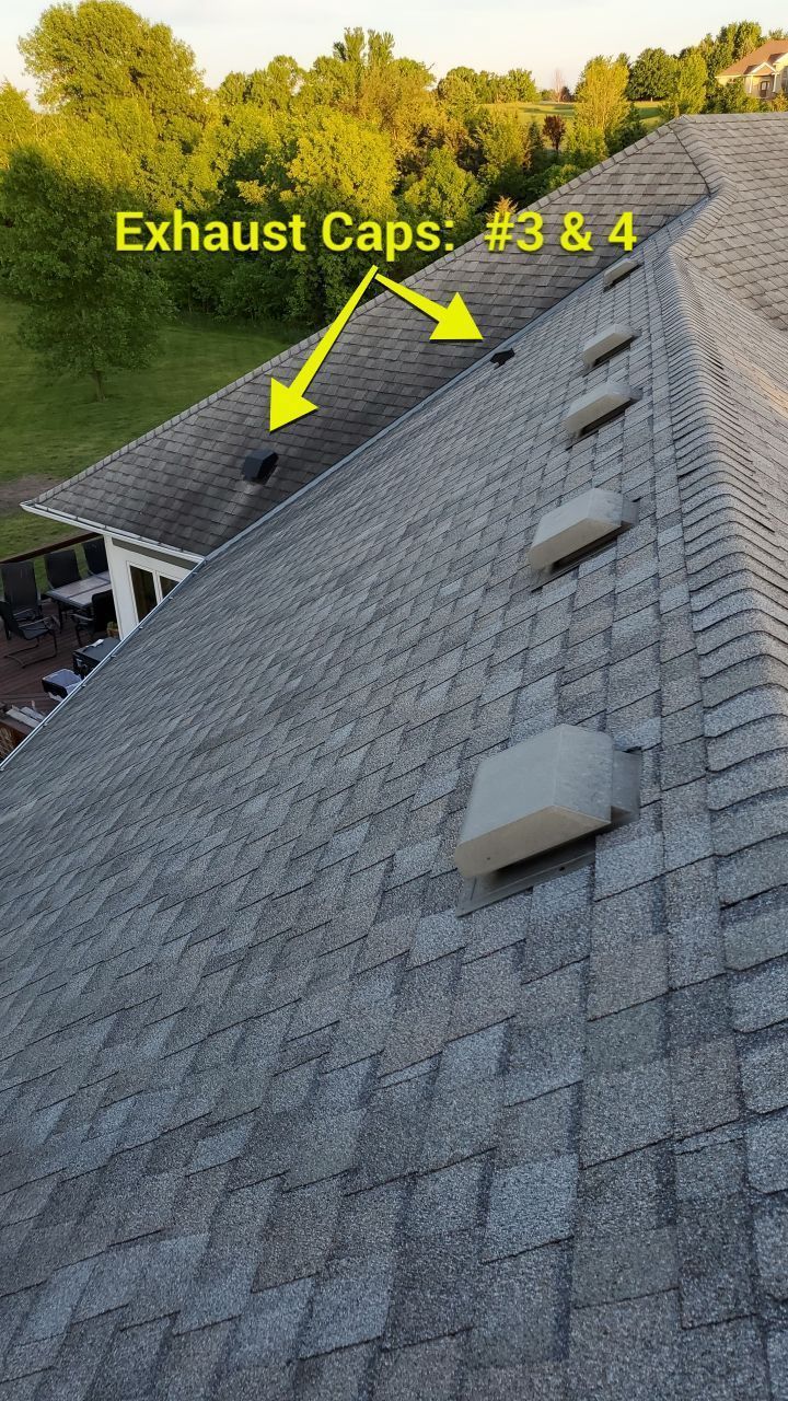 Steep gray shingle roof with four exhaust caps; yellow arrows and text label caps 3 and 4.