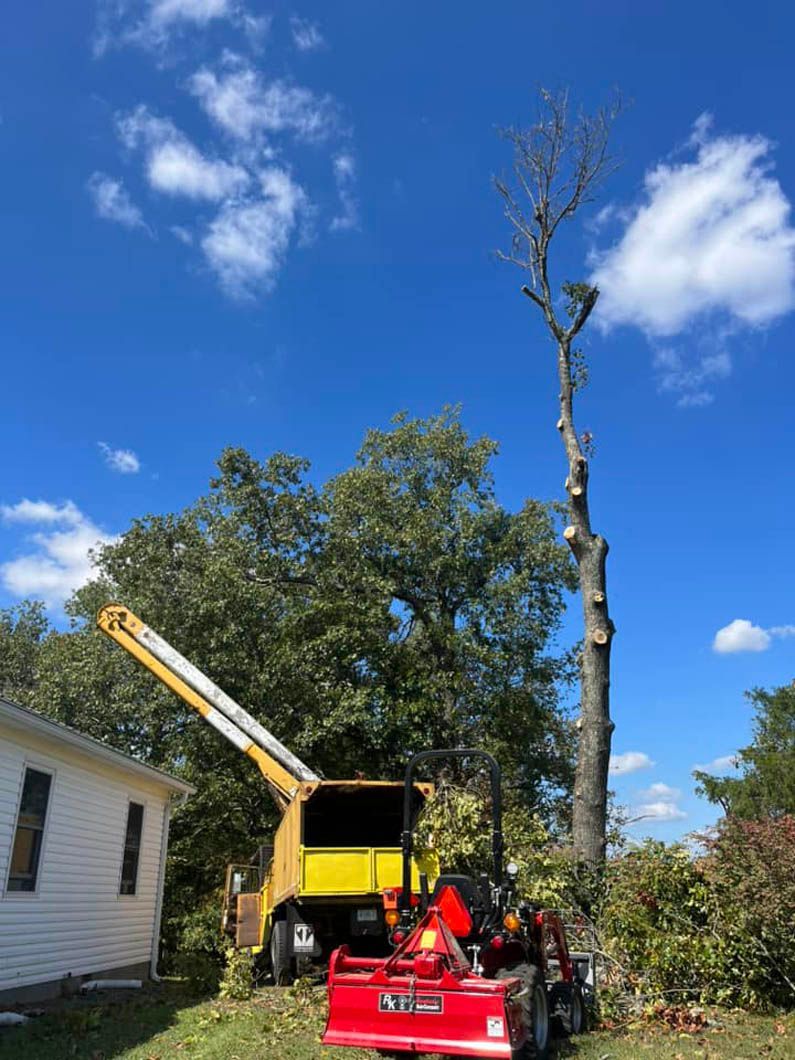 a tree is being cut down by a machine in front of a house .