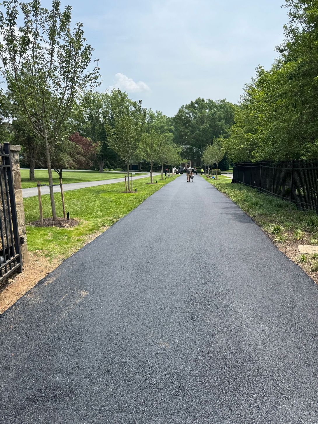 Paved driveway lined with trees leads toward a distant person under a bright sky.