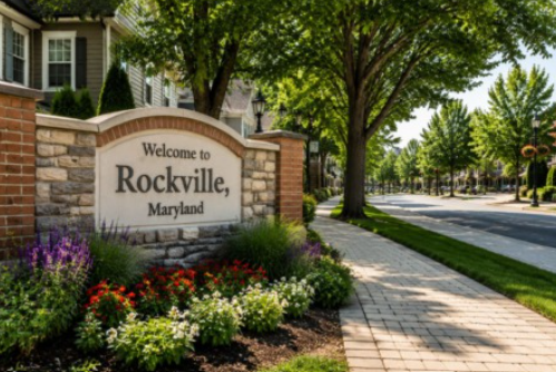 Welcome to Rockville, Maryland stone sign beside a tree-lined suburban street