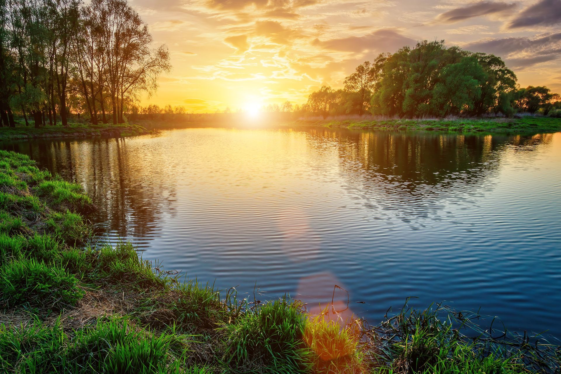 Sunset over a calm lake, reflecting trees and golden sky; grassy shore in the foreground.