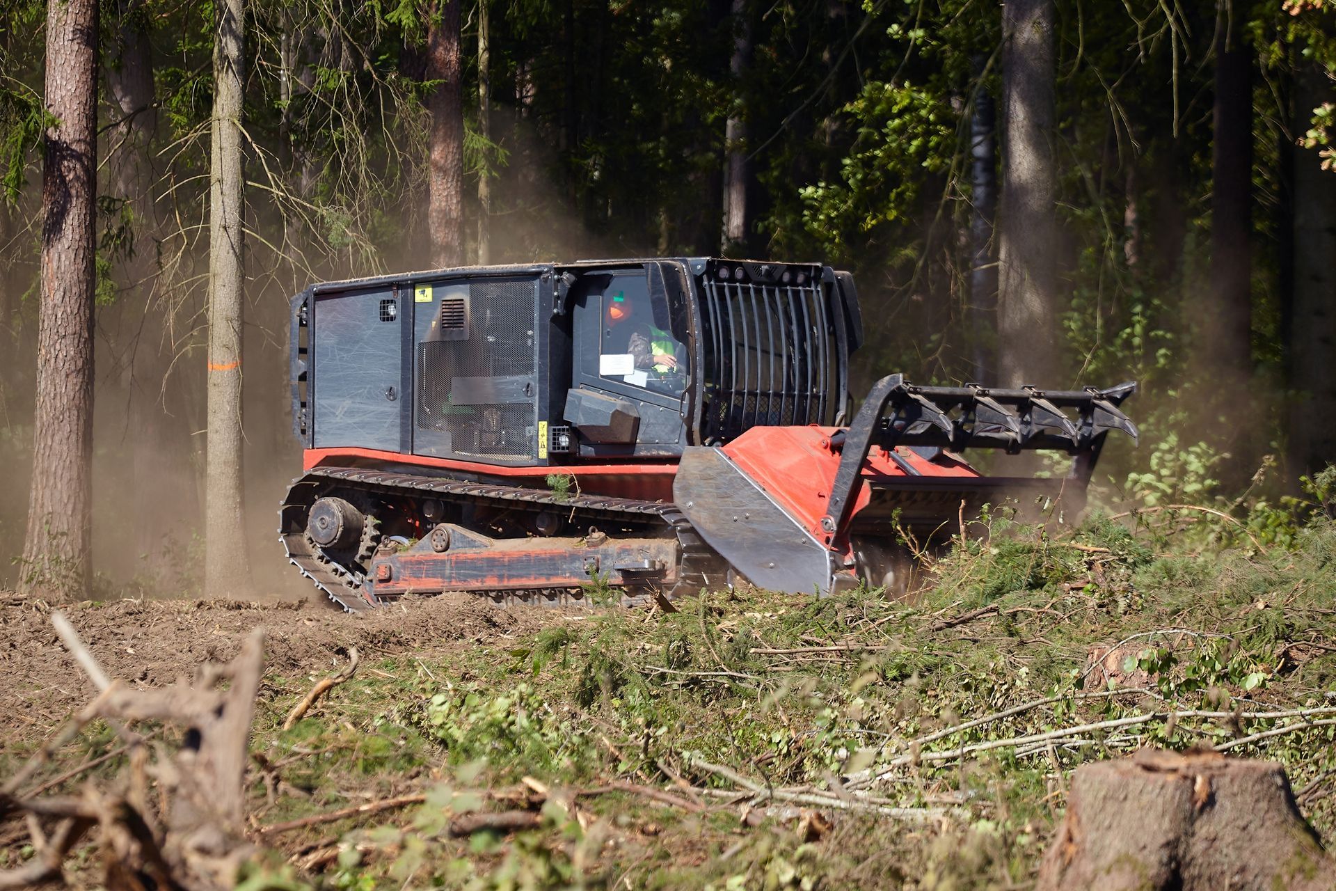 A forestry mulcher on tracks clearing brush in a forest, creating dust.