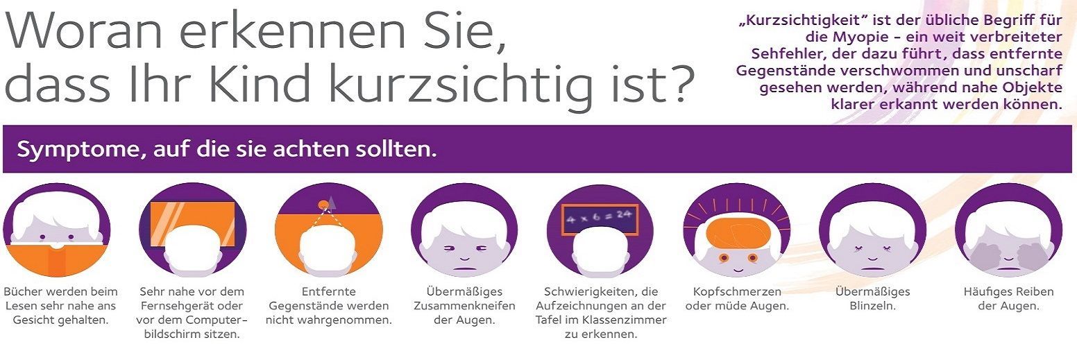 A purple sign with a bunch of circles and the words woran erkennen sie dass ihr kind kurzsichtig ist