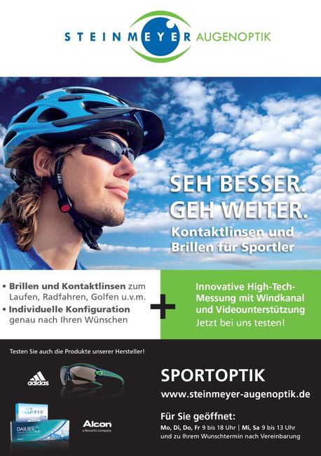 Auf einem Plakat ist ein Mann mit Helm und Sonnenbrille zu sehen.
