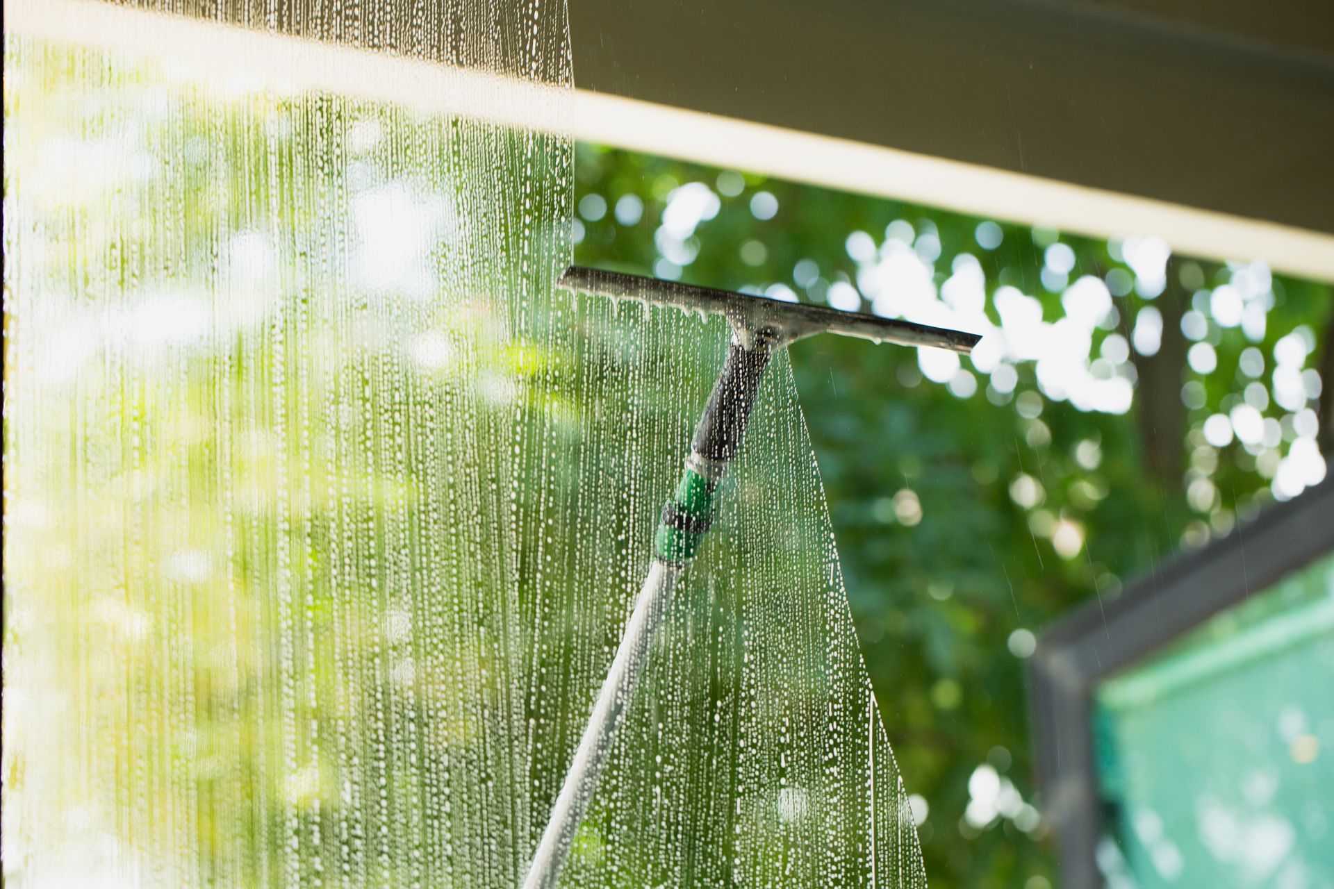Person spraying water on a green outdoor screen with a hose, with sunlight filtering through.
