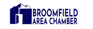 Broomfield Area Chamber logo with blue building icon and text on white background
