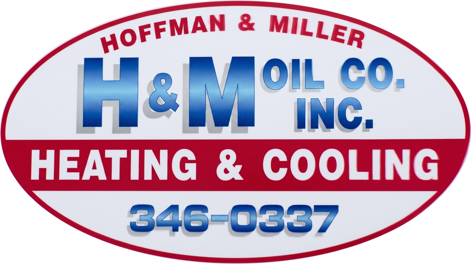 Hoffman & Miller H&M Oil Co. Inc. Heating & Cooling logo with red oval and blue text, phone 346-0337