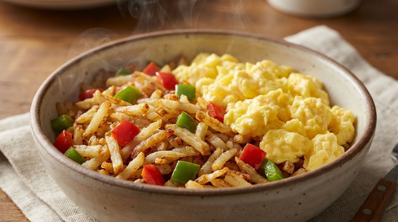 Breakfast bowl with scrambled eggs, potatoes, and diced red and green peppers in a rustic dish