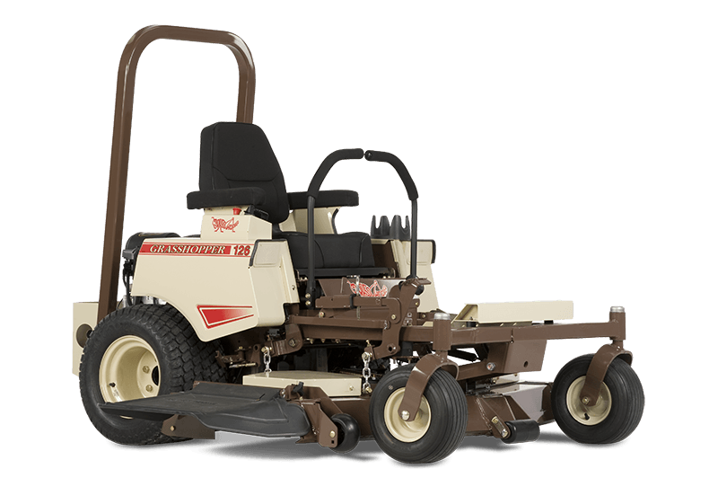 a brown and white grasshopper lawn mower on a white background