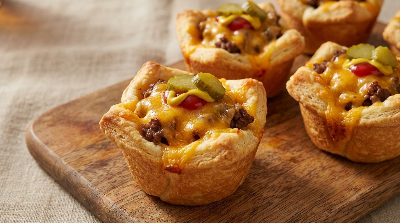 Mini savory tarts topped with melted cheese and green peppers on a wooden cutting board