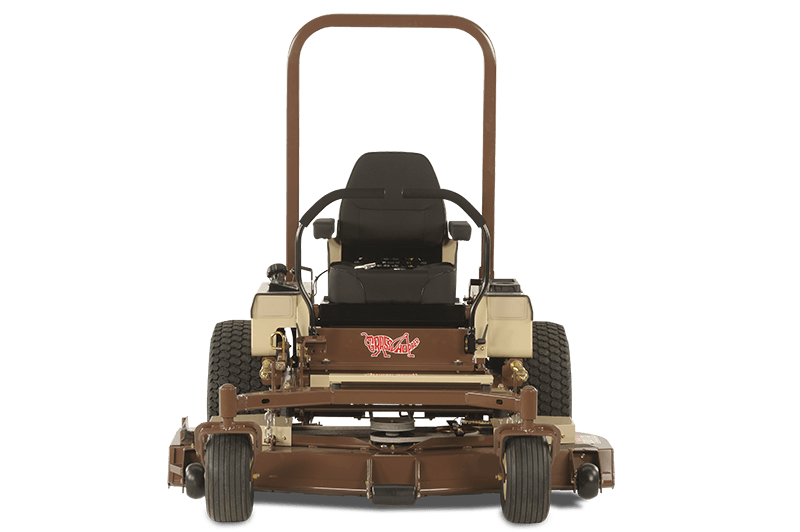 a brown and white lawn mower with a fox logo on the front