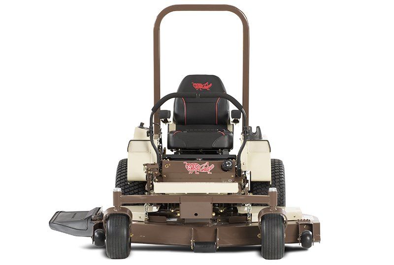 a brown and white lawn mower with a black seat