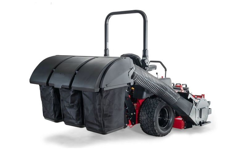 A Big Dog mower with a bag attached to it on a white background.