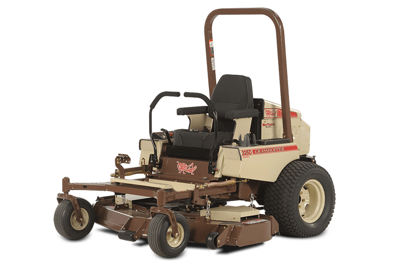 a brown and white lawn mower with the word grasshopper on the side