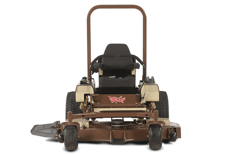 a brown lawn mower with a black seat and a red logo