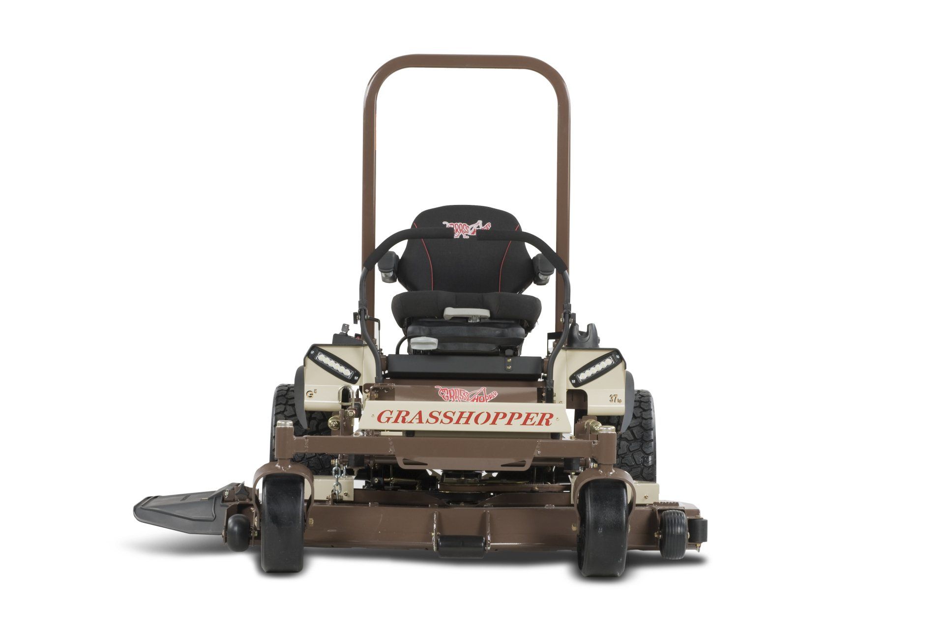 a brown and white grasshopper lawn mower on a white background