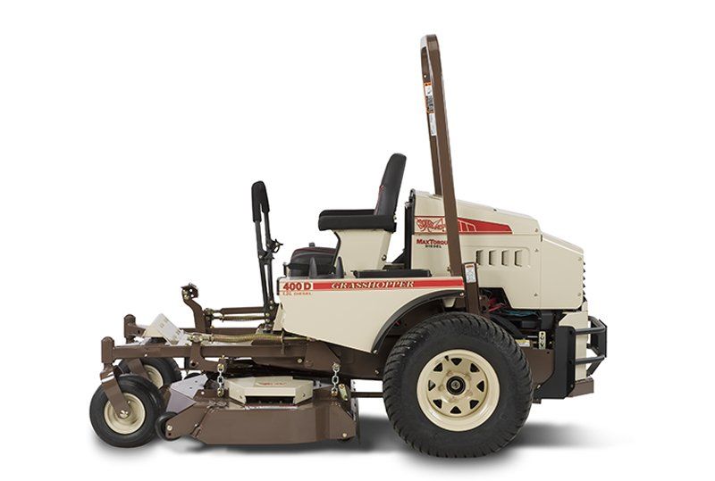 a lawn mower that says ' grasshopper' on the side
