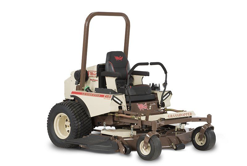 a brown and white grasshopper lawn mower on a white background