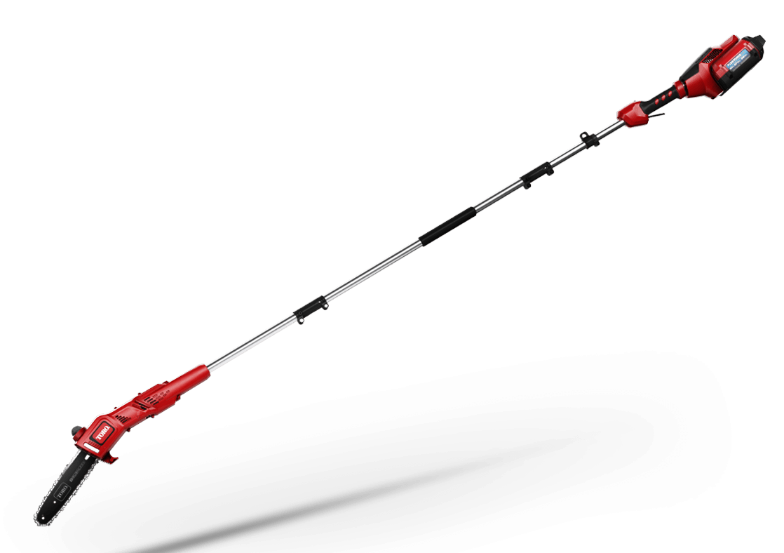 A red pole saw is sitting on a white surface.