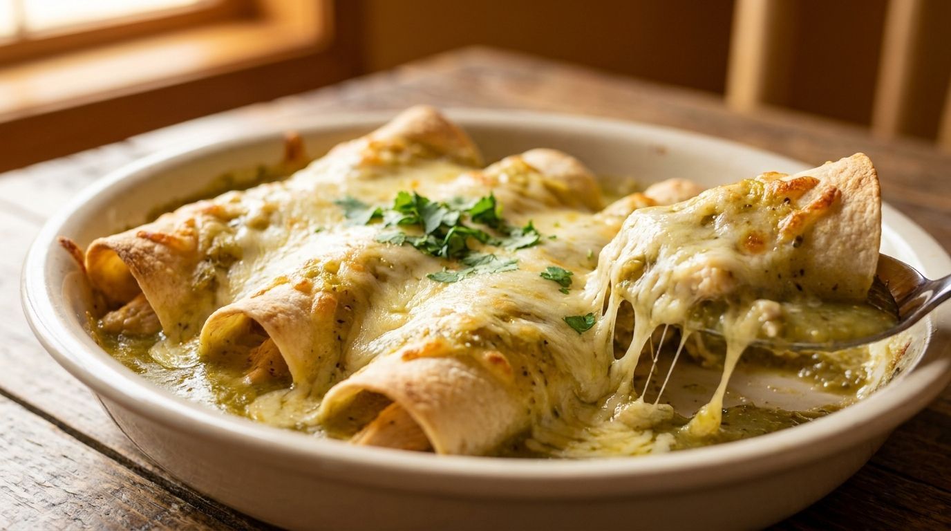 Cheesy baked enchiladas topped with herbs in a white dish on a wooden table