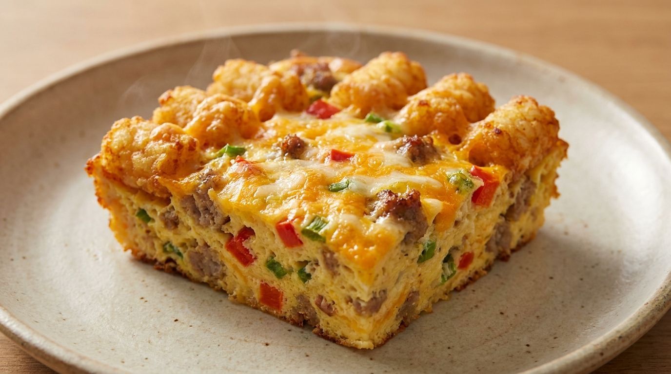 Golden savory casserole squares with melted cheese and mixed vegetables on a beige plate
