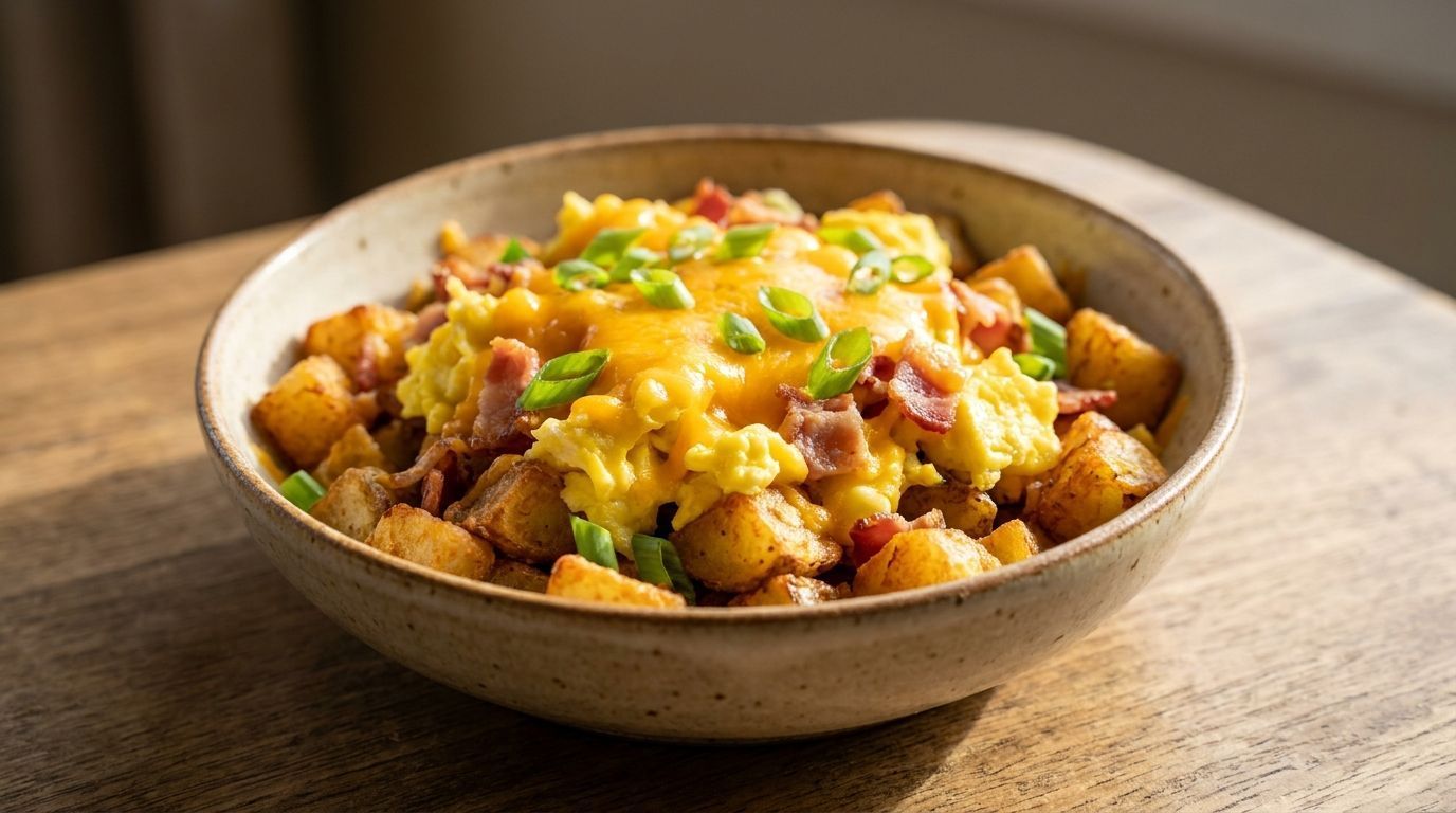Bowl of cheesy potato hash topped with green onions on a wooden table